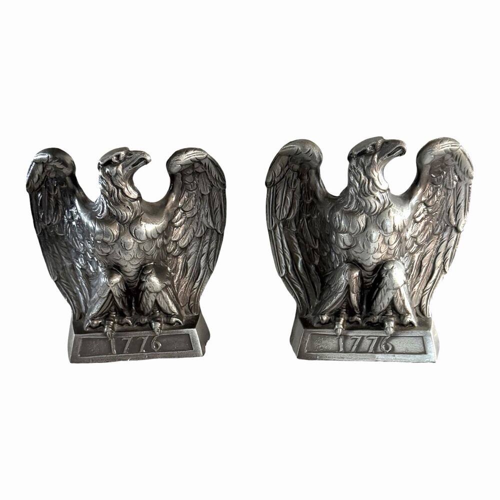 Vintage (1965)2 Bookends American Eagle 1776 Cast Metal Silver Colonial Virginia